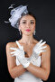 Feather Detailed Bridal Wedding Cap Accessory and Short Satin Wedding Gloves Set - 3