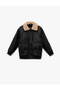 Zippered Plush Collar Pocket Bomber Leather Jacket