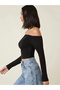 Women's Black Strapless Off Shoulder Long Sleeve Bodycon Sandy Fabric Blouse - 3