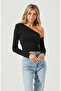 Women's Black Off Shoulder Asymmetrical One Shoulder Neckline Long Sleeve Bodycon Ribbed Camisole Blouse - 2