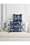 New Year Themed Blue and White Colored Hello Winter Written 4-Piece Digital Printed Gift Throw Pillow Cover