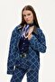 Women's Patterned Leather Collar Zippered Jean Jacket Blue