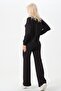 Maternity Stretchy Waistband Wide Leg Buttoned Collar Modal Tracksuit Set Black - 8
