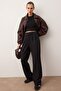 Siyah Cırt Cırt Kapamalı Yüksek Bel Pileli Wide Leg/Geniş Kesim Örme Pantolon TWOAW24PL00177 - 6