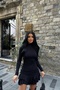 Turtleneck Black Dress with Layered Skirt and Gathered Sides - 3