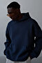 Navy Blue Unisex Soft Fabric Oversize Fit Hooded Sweatshirt Fleece Lined Hooded Sweatshirt - 4