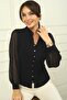 Women's Button Front Sleeves Tulle High Collar Shirt Slim Fit - 2