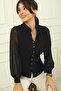 Women's Button Front Sleeves Tulle High Collar Shirt Slim Fit