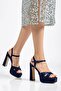 Women's Navy Blue Satin Platform Heeled Shoes - 2