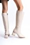 Women's Below Knee Patent Leather Cream Heeled Shiny Detailed Zippered Long Boots - 5
