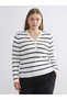 V-Neck Striped Women's Knitwear Sweater - 2