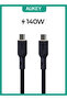 كابل USB C إلى USB C من السيليكون بقوة 140 واط، بطول 1 متر، أسود
