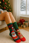 2 Pairs of Cotton Socks with Christmas Concept Santa Claus and Deer Pattern