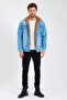 Fur Lined Hooded Denim Coat Anthracite Ice Blue - 4