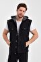 Comfortable Pattern Text Printed Hooded Denim Buttoned Denim Vest Black