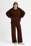 Women's Brown Crew Neck Sweater-Pants Knitwear Set - 2