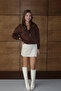 Women's 3 Thread Fleece Lined Hooded Zippered Short Cardigan 1111 - 4