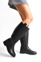 Black Leather Women's Boots Riding Below the Knee Zippered Non-Slip Sole Thick Heeled Horsey - 5