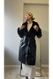 Modiva Leather Coat Suitable for Hijab with Fur on the Sleeves and Collar, Buttoned and Lace-Up - 2