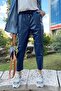 Buy Navy Blue Leather Pants with Tie-Up Waist - 4