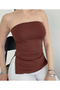 Women's Brown Strapless Side Slit and Gathered Body Wrap Summer Tunic Blouse