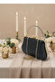 Black Crinkled Patent Leather Pearl Detailed Evening Bag with Stone Handle Evening Wedding Portfolio - 5