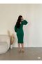 Heart Neckline Belted Imported Crepe Fabric Long Sleeve Midi Length Dress 582671 Zumrut - 4