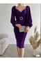 Heart Neckline Belted Imported Crepe Fabric Long Sleeve Midi Length Dress 582671 Purple - 2
