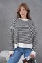 Women's Crew Neck Embroidery Detail Slit Oversized Striped Knitwear Sweater - 4