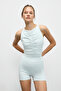 Movexa Women's Flexible and Soft Textured Round Neck Gathered Front Halter Back Gray Bustier