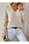    Women's Long Sleeve V Neck Sleeve Hollowed Out Diamond Pattern Detailed Knitwear Sweater - 4