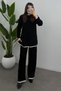 Women's Black Shepherd Stitched Sweater and Trouser End Corded Fabric Look Knitwear Suit with Trousers - 6