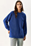 Women's Crew Neck Side Slit Regular Fit 3 Thread Sweatshirt 100% Cotton - Navy - 2