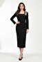 Shoulder Embroidered Long Sleeve Belt Detailed Midi Length Black Dress - 3