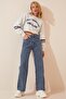 Neo Medium Blue Snow Wash Stretch Fabric Super High Waist Loose Leg Denim Palazzo Pants