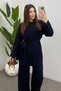 Women's Navy Blue Waist-Tie Button Detailed Corded Fabric Knitwear Sweater Trousers Two-Piece Set - 5