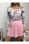 Women's Purple Patterned Off Shoulder Viscose Long Sleeve Blouse
