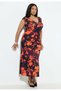 Women's Plus Size Colorful, Floral Patterned, and Neckline Front Elastic Ruched Detail Jersey Dress 65N39216 - 6