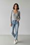 Women's Square Collar Long Sleeve Bottom Snap Bodysuit Blouse - 2