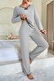 Women's Gray Striped Long Sleeve Bow Detailed Pajama Set Comfortable Transitional - 6