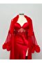 Lena Red Tulle Long Dressing Gown Long Satin Nightgown Double Custom Bridal Set (Boxed) - 3