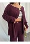 Burgundy Wrinkled Buckle Cardigan Trouser Set - 1371 - 3