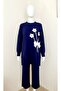 Women's Oversized Hijab Top and Bottom Two-Piece Navy Blue Knitwear Set - 2