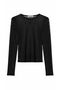Transparent Crew Neck Black Stretchy Long Sleeve Tulle Blouse Crop - 6