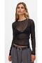 Transparent Crew Neck Black Stretchy Long Sleeve Tulle Blouse Crop
