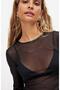 Transparent Crew Neck Black Stretchy Long Sleeve Tulle Blouse Crop - 3