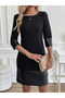 Women's Long Sleeve Crew Neck Leather Detailed Imported Crepe Dress - 4