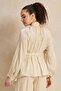 Women Cream Shimmer Crinkle Belted Top - 3