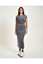 Women's Metallic Effect Logo and Deep Back Slit High Waist Anthracite Skirt - 2