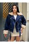 Sagi̇ Women's Cuff & Collar Fur Detailed Metal Button Cross Zipper Inside Fully Fur-Lined Denim Coat - 7